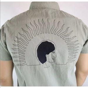 RVCA Men Size Large Green Denim Embroidered Shirt